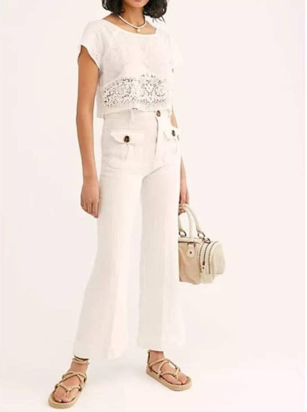 Free People Boca Belle Linen Blend Hi-Rise Bell Bottom Wide Leg Pants Size 10